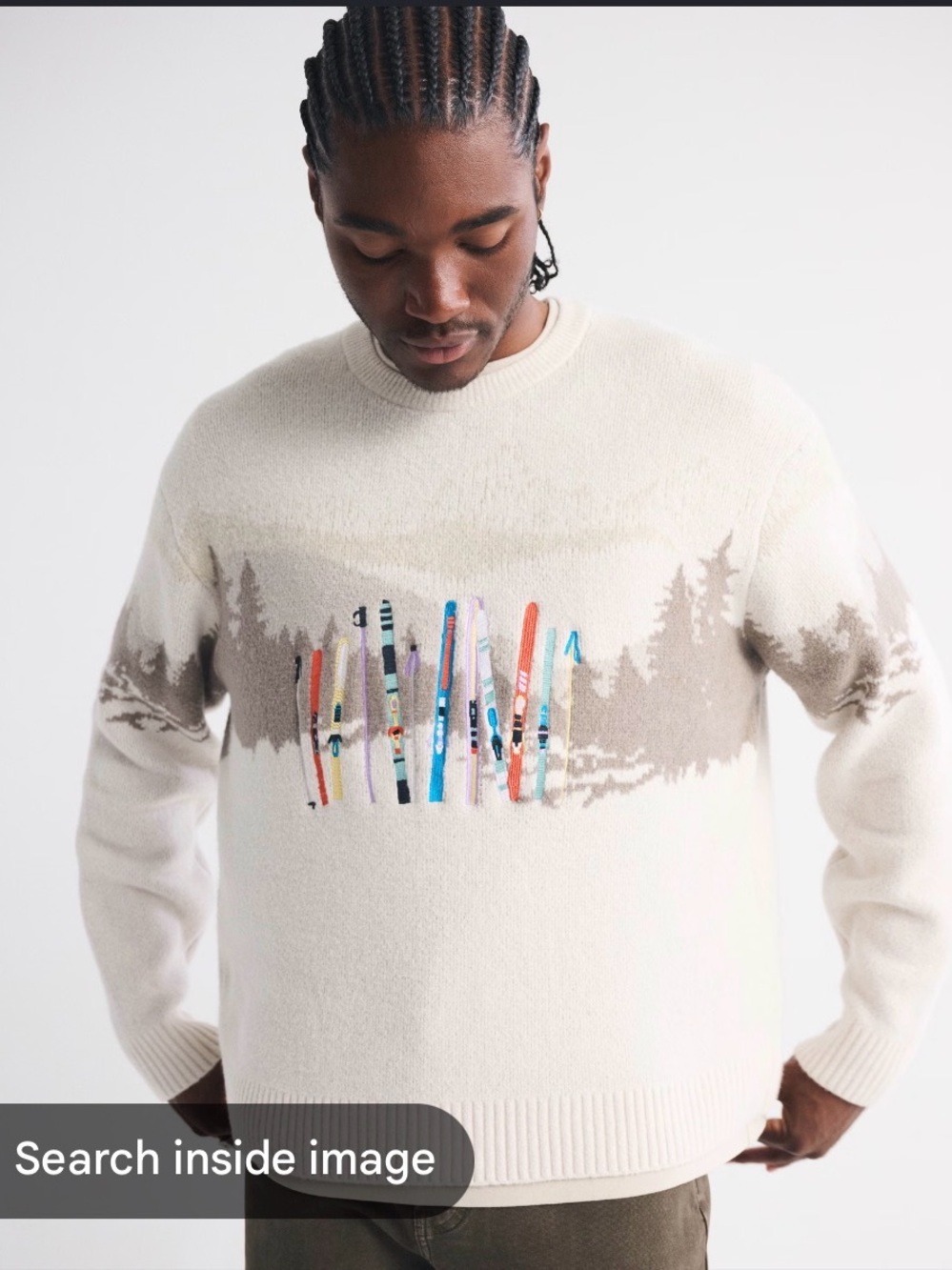 Men's Cream Ski Motif Crewneck Sweater